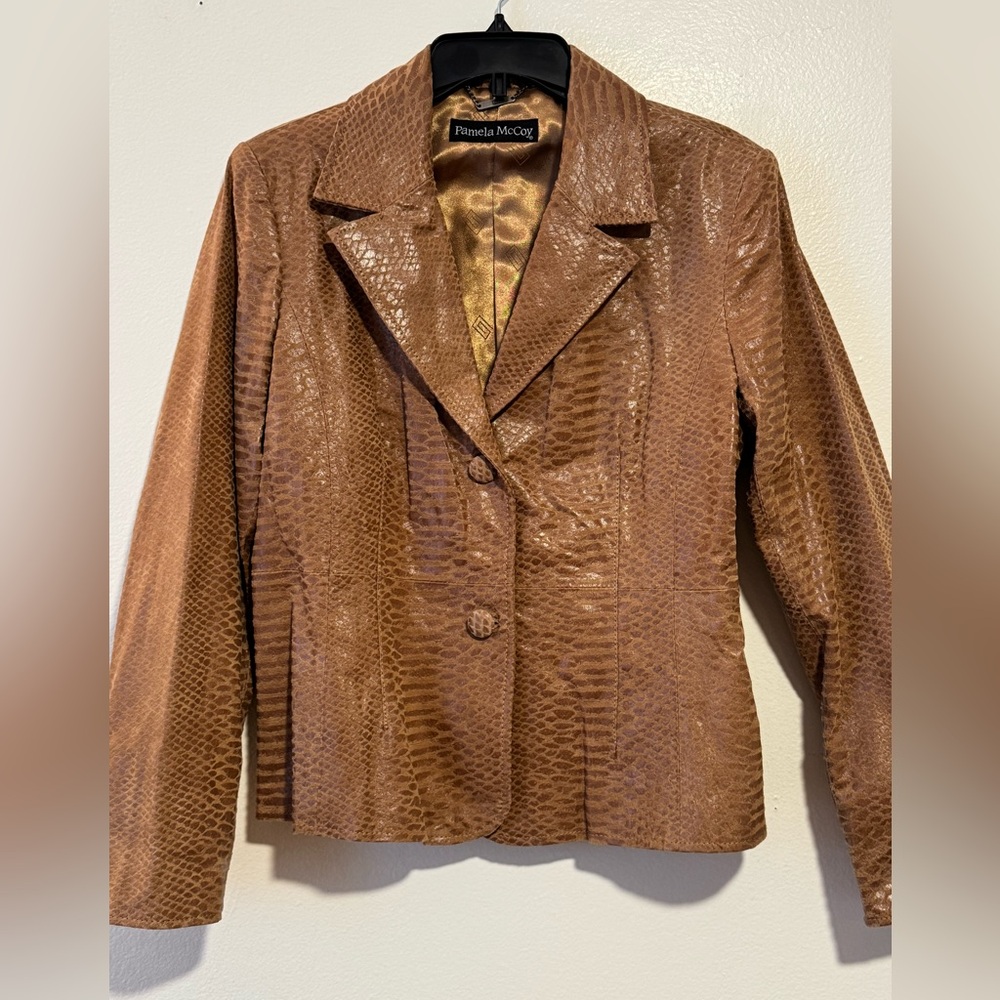 Pamela McCoy Brown Leather Animal Print blazer/Jacket, Size large